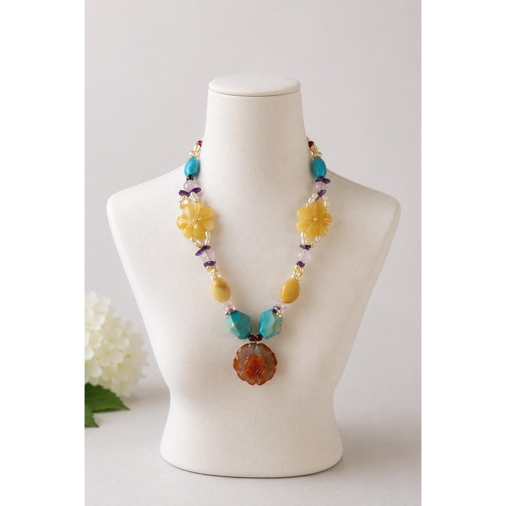 Multi Gemstone Beaded Necklace Carved Agate Rose Turquoise Pearl Statement 18"